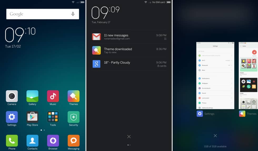 MIUI 6 is flat, literally flat. Here's the home screen, notification panel, and Recent Apps.