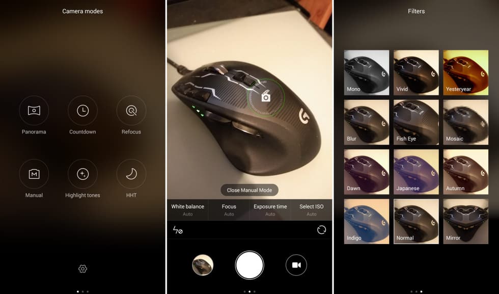 The Camera app: showing mode selection, the Manual mode and the Filter